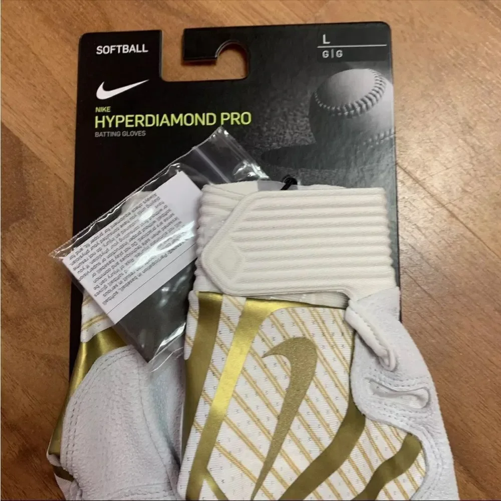 NWT Women's Nike Softball Hyperdiamond Pro Batting Gloves White Gold LARGE